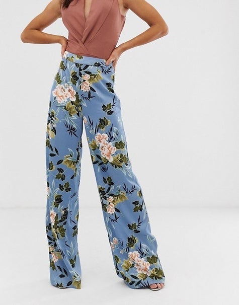 Womens Ladies New Blue Floral Printed Wide Leg Palazzo/Trousers/Pants UK 8-14
